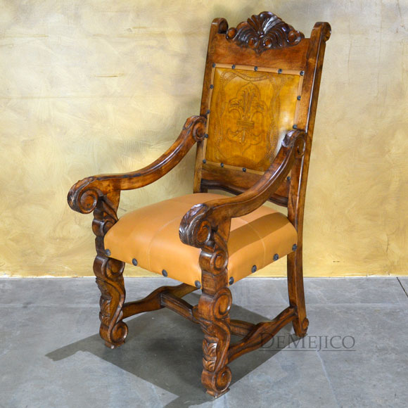 Hoja Carved Chair w/arms, Spanish Carved Chair Demejico